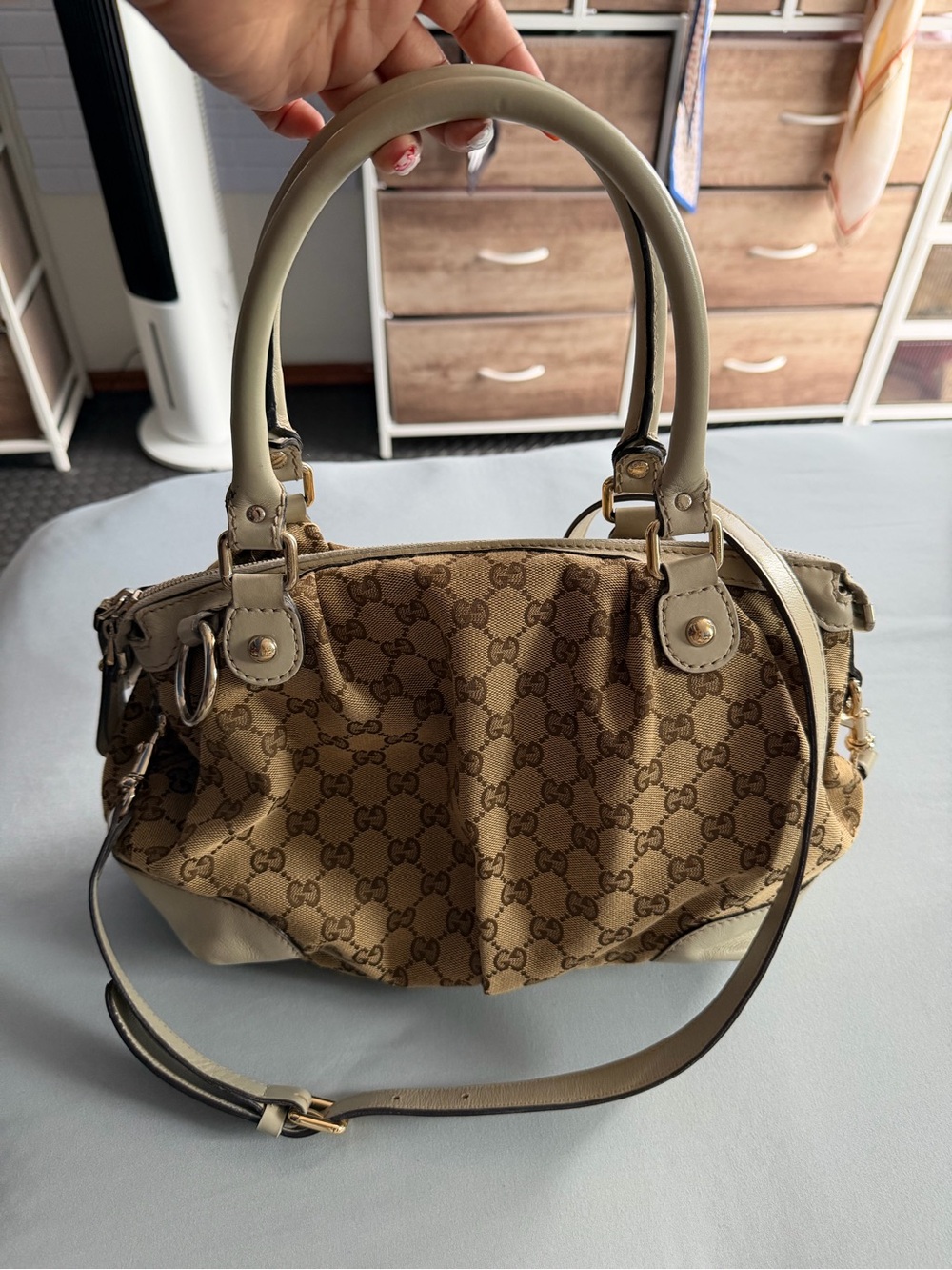 Gucci Beige Monogram Dome Satchel with Light Leather Trim